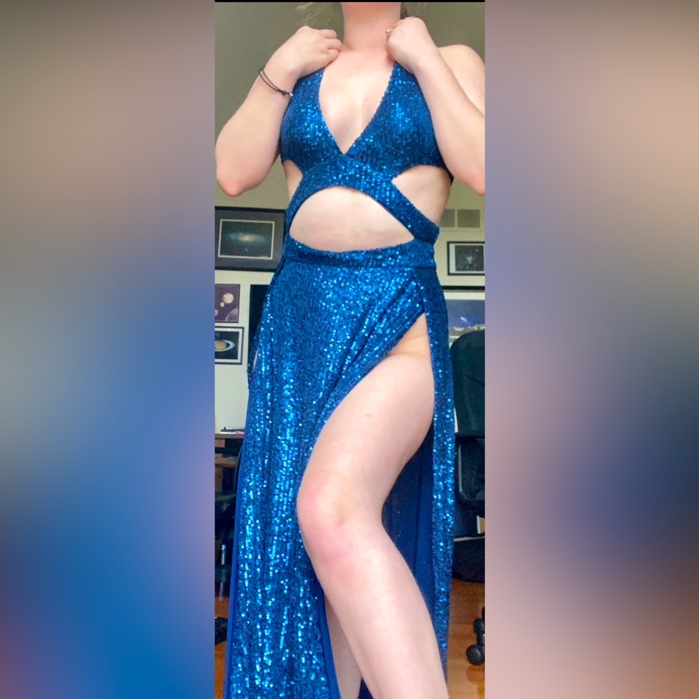 Blue sequin slit dress